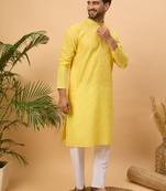 Men yellow silk blend solid embroidered straight kurta