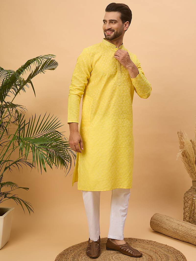 Men yellow silk blend solid embroidered straight kurta