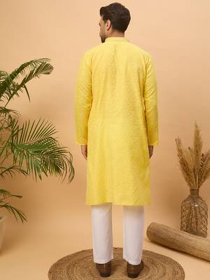 Men yellow silk blend solid embroidered straight kurta 4
