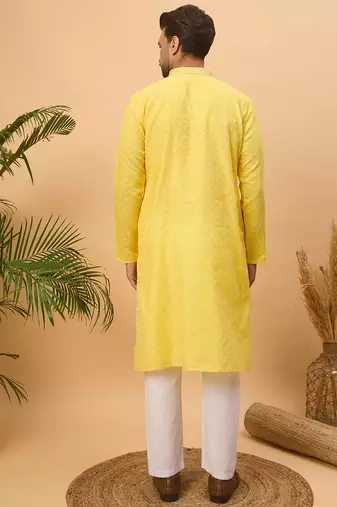Men yellow silk blend solid embroidered straight kurta