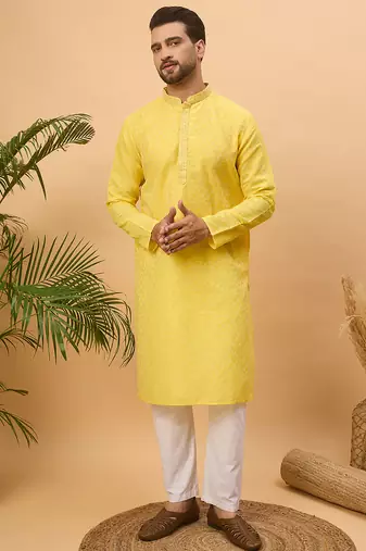 Men yellow silk blend solid embroidered straight kurta
