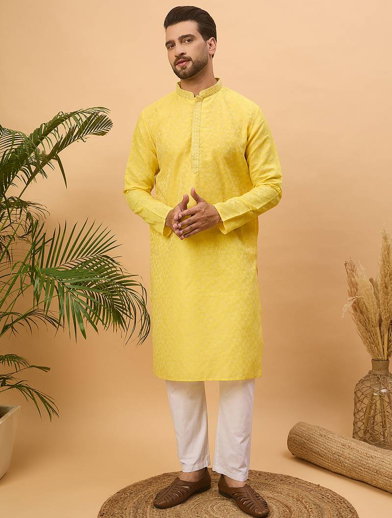 Men yellow silk blend solid embroidered straight kurta