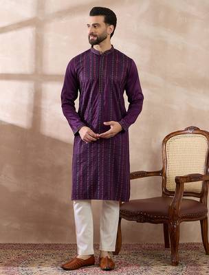 Men purple silk blend embroidered mandarin collar straight kurta with trouser 5
