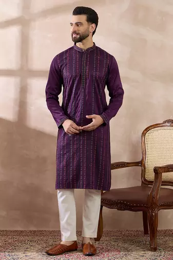 Men purple silk blend embroidered mandarin collar straight kurta with trouser