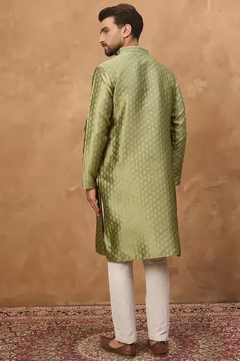 Men green silk blend solid woven design straight kurta