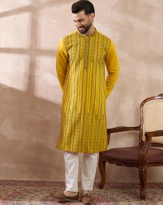 Men yellow silk blend embroidered mandarin collar straight kurta with trouser 3