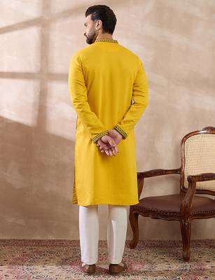 Men yellow silk blend embroidered mandarin collar straight kurta with trouser 4