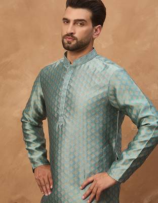 Men blue silk blend solid woven design straight kurta 1