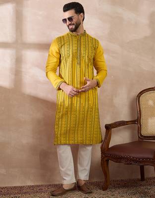 Men yellow silk blend embroidered mandarin collar straight kurta with trouser 5