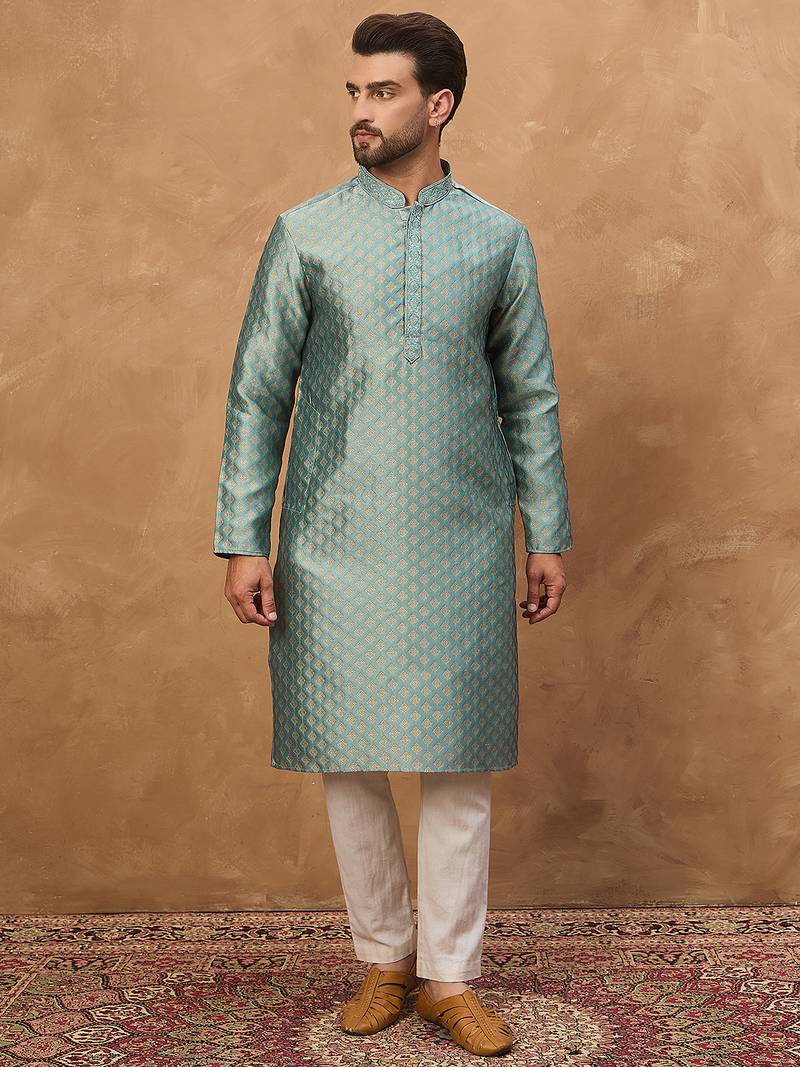 Men blue silk blend solid woven design straight kurta