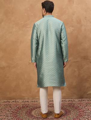 Men blue silk blend solid woven design straight kurta 4