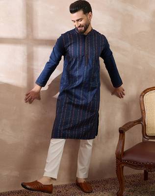 Men navy blue silk blend embroidered mandarin collar straight kurta with trouser 5