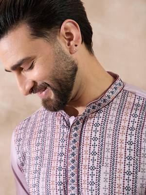 Men lavender silk blend embroidered mandarin collar straight kurta with trouser 1