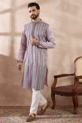 Men lavender silk blend embroidered mandarin collar straight kurta with trouser