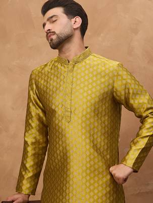 Men yellow silk blend solid woven design straight kurta 1