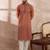 Men orange silk blend embroidered mandarin collar straight kurta with trouser
