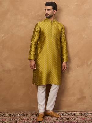 Men yellow silk blend solid woven design straight kurta 5