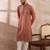 Men orange silk blend embroidered mandarin collar straight kurta with trouser