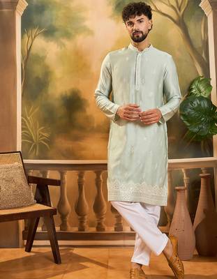 Men blue cotton batik embroidered straight kurta 1