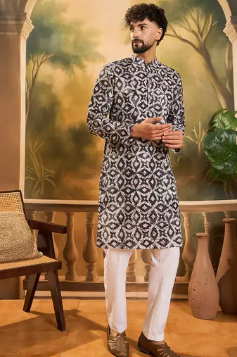 Men blue cotton batik embroidered straight kurta