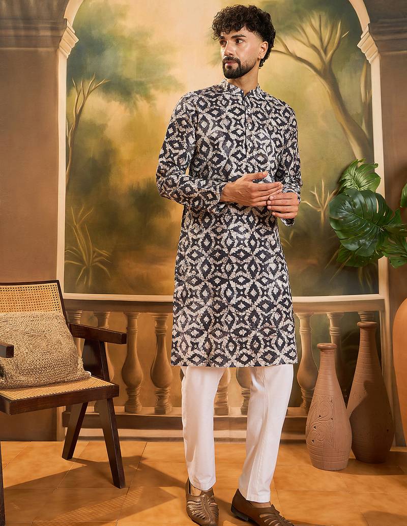 Men blue cotton batik embroidered straight kurta