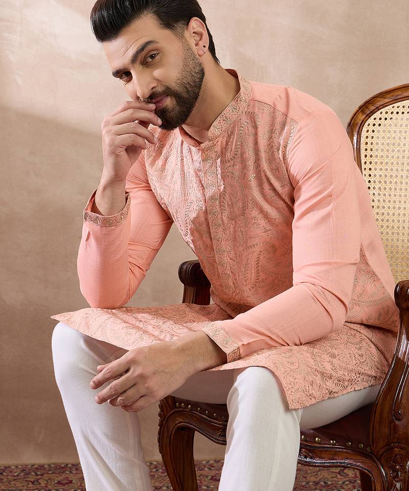 Men peach silk blend embroidered mandarin collar straight kurta with trouser