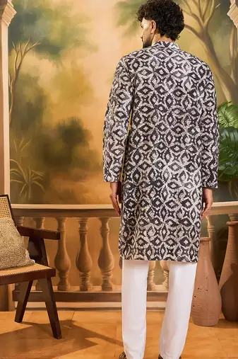 Men blue cotton batik embroidered straight kurta