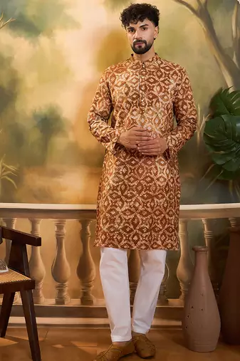 Men brown cotton batik embroidered straight kurta