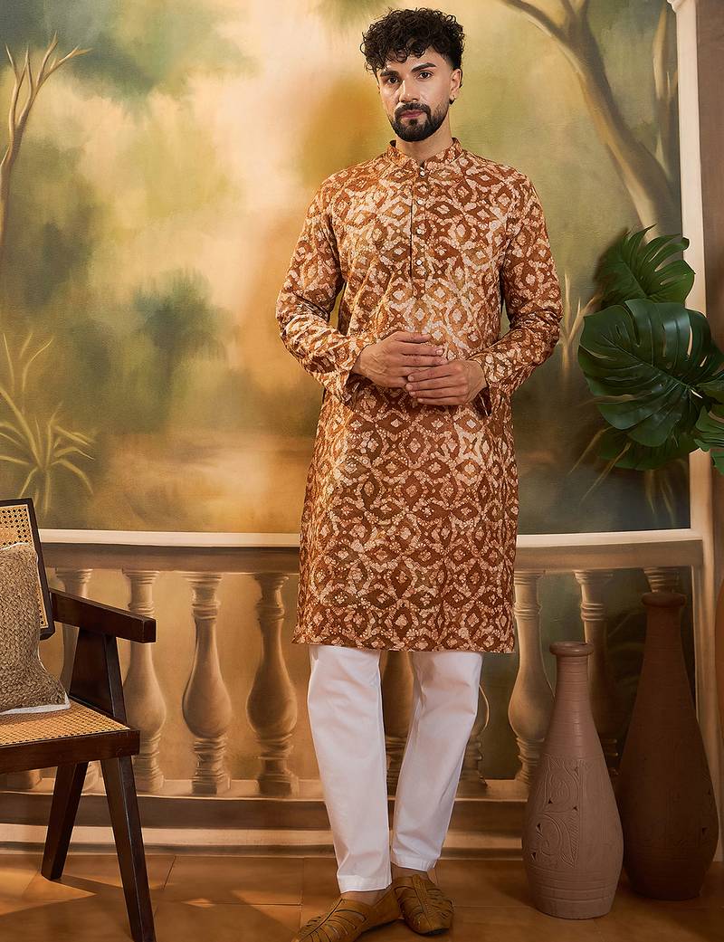 Men brown cotton batik embroidered straight kurta