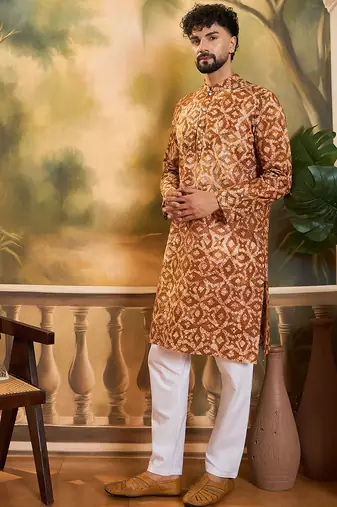 Men brown cotton batik embroidered straight kurta