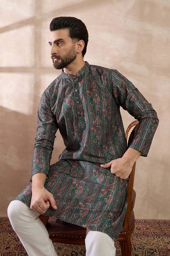 Men green silk blend printed mandarin collar straight kurta with trouser
