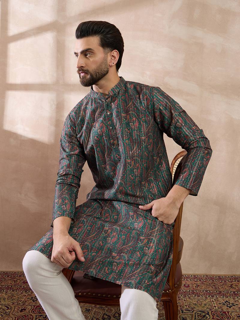 Men green silk blend printed mandarin collar straight kurta with trouser