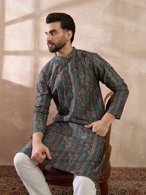 Men green silk blend printed mandarin collar straight kurta with trouser 1