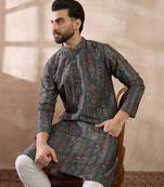 Men green silk blend printed mandarin collar straight kurta with trouser