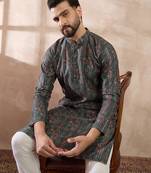 Men green silk blend printed mandarin collar straight kurta with trouser