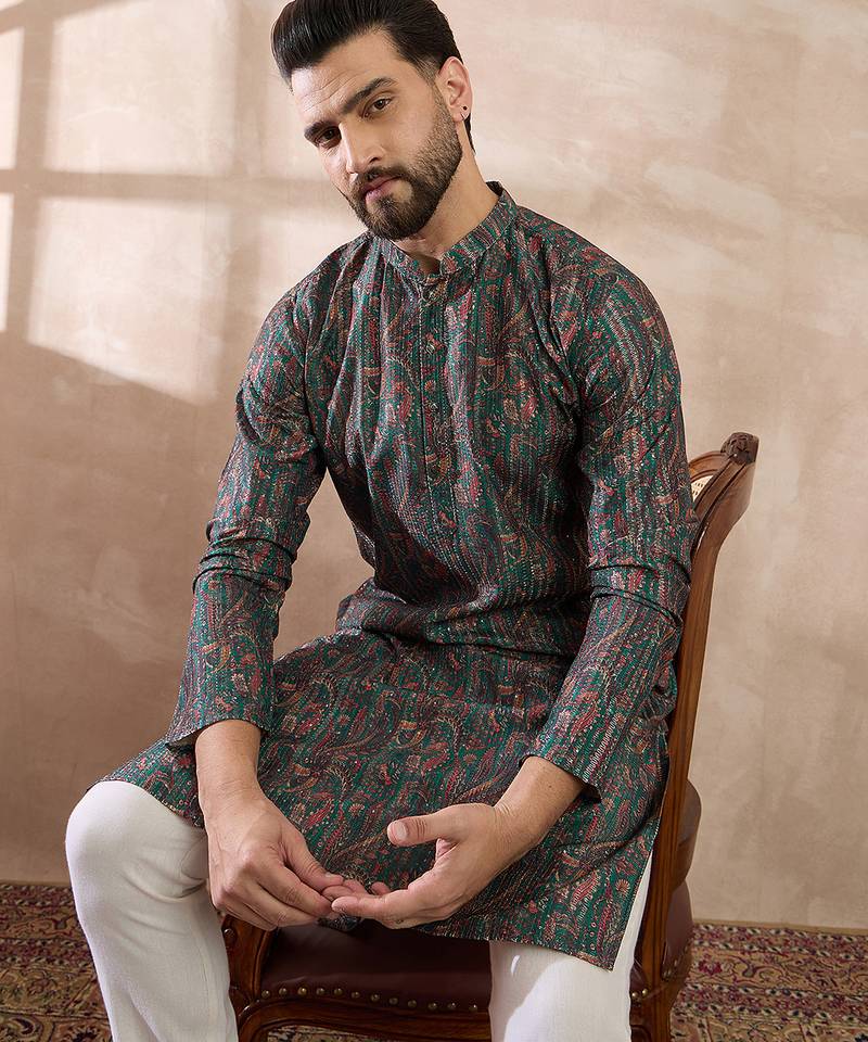 Men green silk blend printed mandarin collar straight kurta with trouser