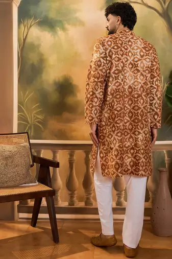 Men brown cotton batik embroidered straight kurta