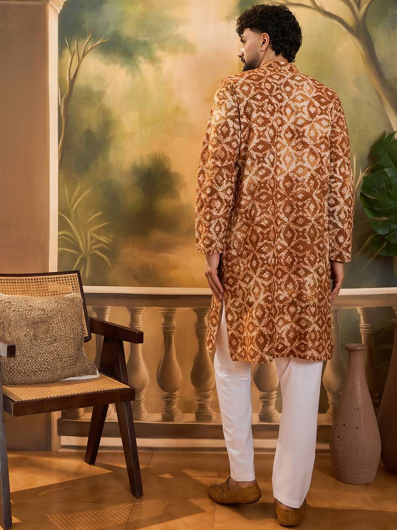 Men brown cotton batik embroidered straight kurta