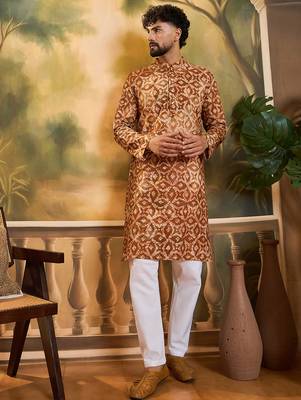 Men brown cotton batik embroidered straight kurta 5