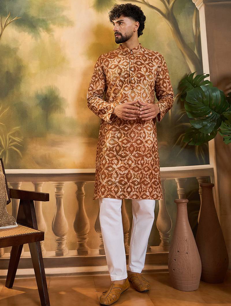 Men brown cotton batik embroidered straight kurta