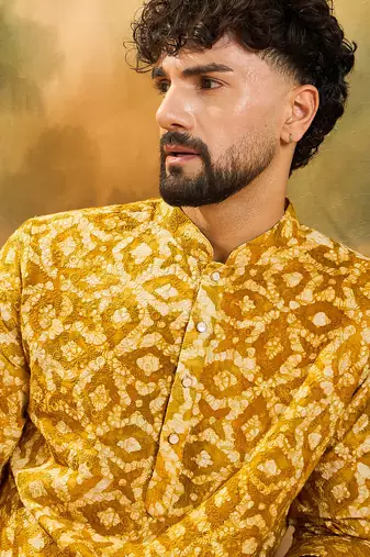 Men yellow cotton shibori embroidered straight kurta