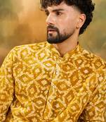 Men yellow cotton shibori embroidered straight kurta