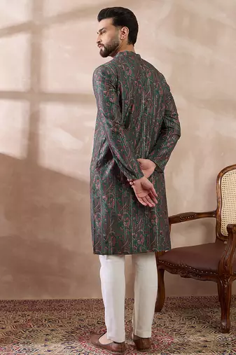 Men green silk blend printed mandarin collar straight kurta with trouser