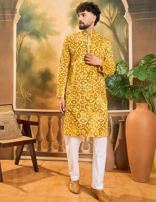 Men yellow cotton shibori embroidered straight kurta 2