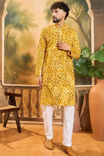 Men yellow cotton shibori embroidered straight kurta