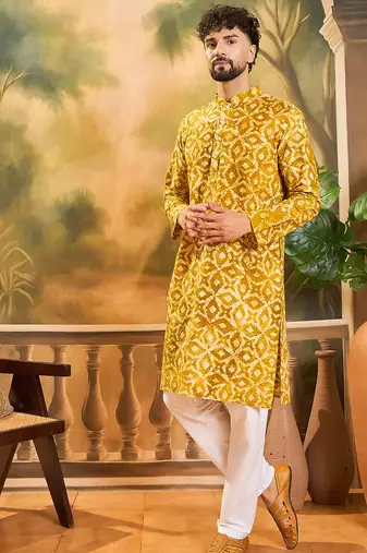 Men yellow cotton shibori embroidered straight kurta