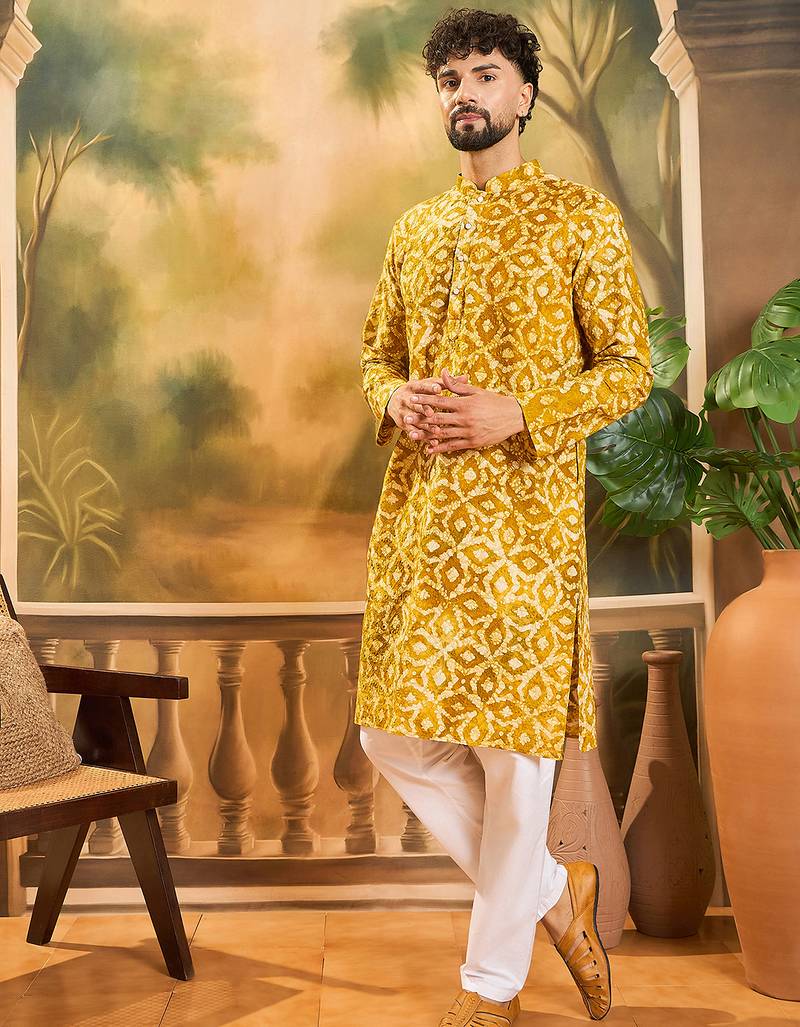 Men yellow cotton shibori embroidered straight kurta