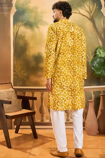Men yellow cotton shibori embroidered straight kurta