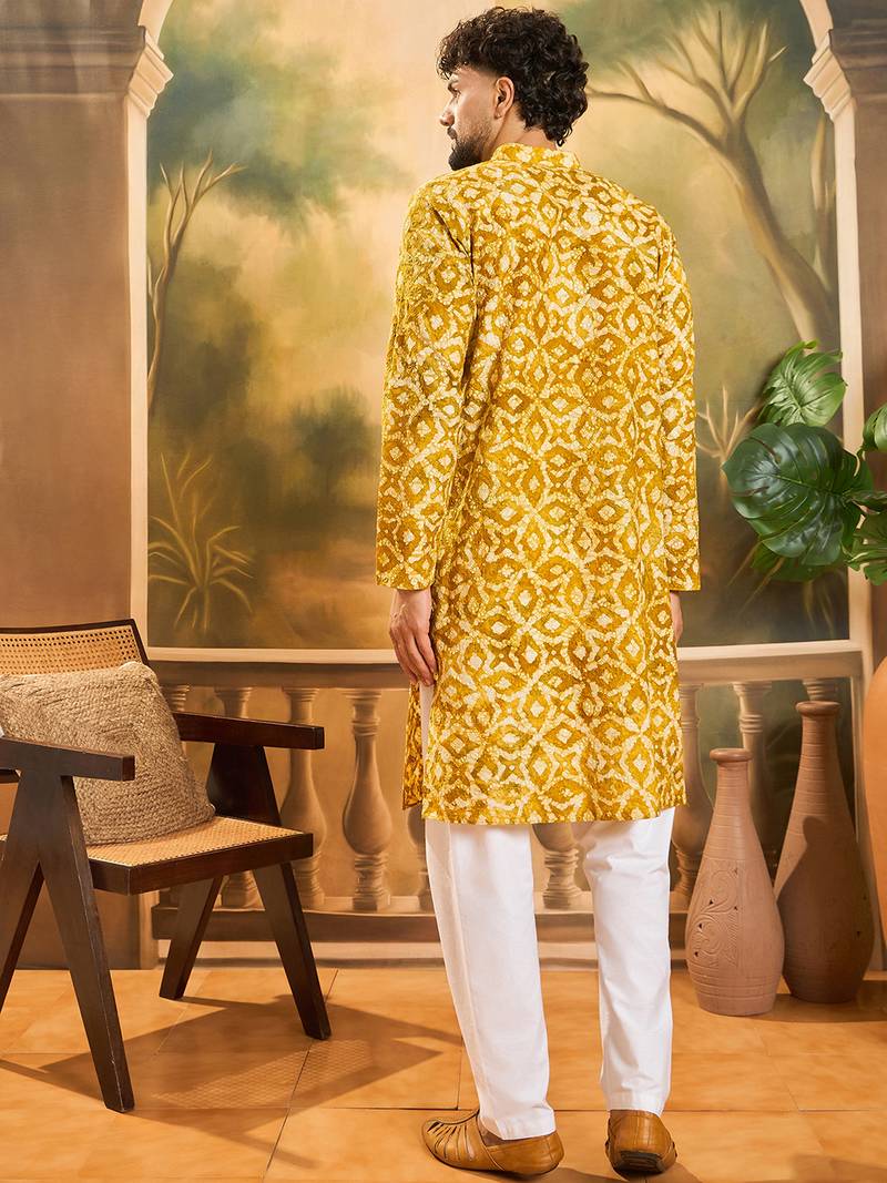 Men yellow cotton shibori embroidered straight kurta