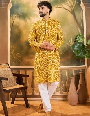 Men yellow cotton shibori embroidered straight kurta 5